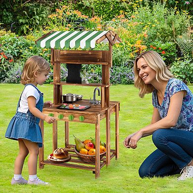 Gymax Double-Sided Mud Kitchen w/ Canopy Chalkboard Sink & Faucet Cooking Accessories