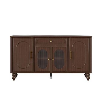 60" Mid-Century Buffet Cabinet with Glass Doors, Sideboard with Drawer & Adjustable Shelves