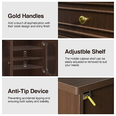 60" Mid-Century Buffet Cabinet with Glass Doors, Sideboard with Drawer & Adjustable Shelves