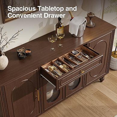 60" Mid-Century Buffet Cabinet with Glass Doors, Sideboard with Drawer & Adjustable Shelves