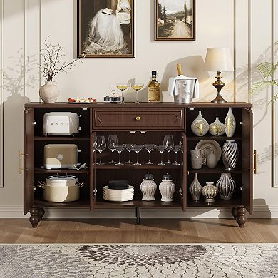 60" Mid-Century Buffet Cabinet with Glass Doors, Sideboard with Drawer & Adjustable Shelves