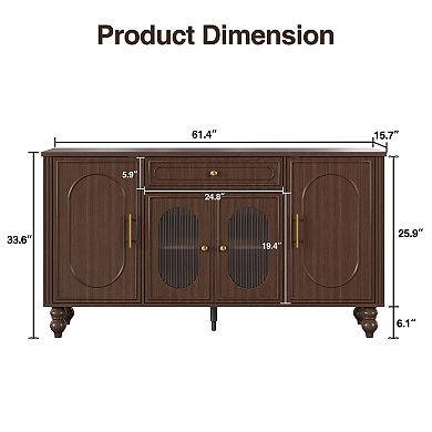 60" Mid-Century Buffet Cabinet with Glass Doors, Sideboard with Drawer & Adjustable Shelves