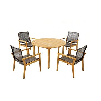 Gymax 5 pc Patio Dining Set Round Acacia Wood Table 4 Wicker Armchairs Outdoor Garden