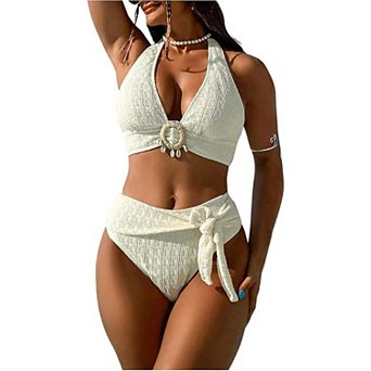 Women's Textured Halter Bikini Set Shell Decor High Waisted Two Piece Swimsuit
