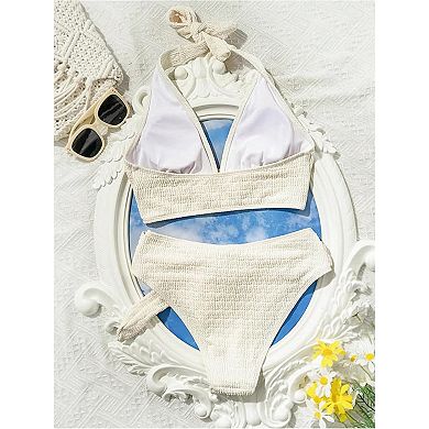 Women's Textured Halter Bikini Set Shell Decor High Waisted Two Piece Swimsuit