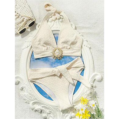 Women's Textured Halter Bikini Set Shell Decor High Waisted Two Piece Swimsuit