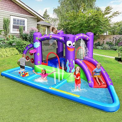 Gymax Inflatable Water Slide Castle Kids Bounce House w/ Octopus Style & 750W Blower