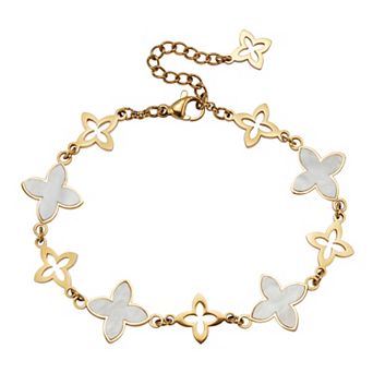 Mother of Pearl Yellow Gold Ion-Plated Stainless Steel Clover Bracelet 7-inch
