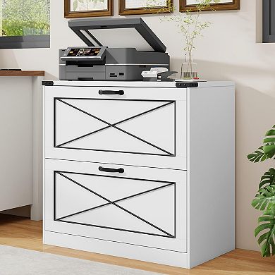 Farmhouse Lateral File Cabinet with 2 Drawers, Wood Rustic Storage for Home Office