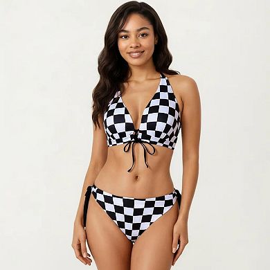 Women's 2-Piece Bikini Set with Halter Triangle Top Front Tie Detail Tie Side Bottom Checkered Print
