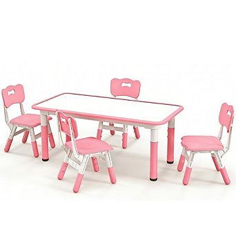 Gymax Kids Height Adjustable Table and 4 Chairs Set with Graffiti Desktop Pink