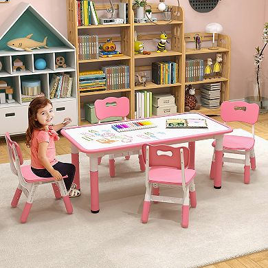 Gymax Kids Height Adjustable Table and 4 Chairs Set with Graffiti Desktop Pink