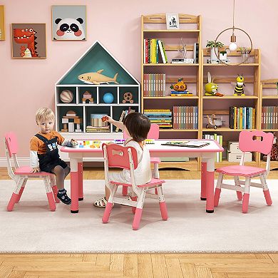 Gymax Kids Height Adjustable Table and 4 Chairs Set with Graffiti Desktop Pink