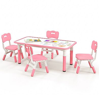 Gymax Kids Height Adjustable Table and 4 Chairs Set with Graffiti Desktop Pink