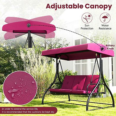 Gymax Converting Patio Swing Chair Porch Swing Bed w/Adjustable Canopy & Thickened Cushion