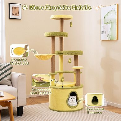 Gymax Large Avocado Cat Tree Multi-level Cat Tower w/ Large Private Condo Fun Pompoms