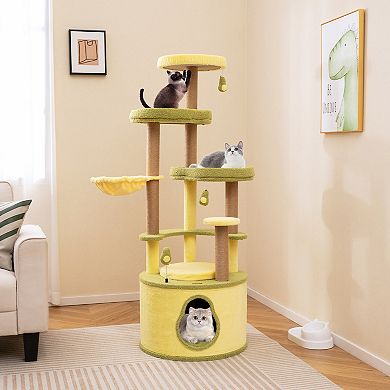 Gymax Large Avocado Cat Tree Multi-level Cat Tower w/ Large Private Condo Fun Pompoms