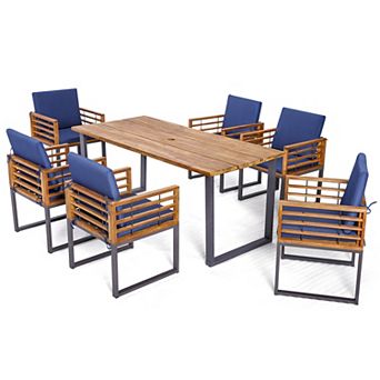 Gymax 7 pc Acacia Wood Patio Dining Set Cushioned Dining Chair & Table Set w/ Umbrella Hole