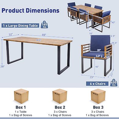 Gymax 7PCS Acacia Wood Patio Dining Set Cushioned Dining Chair & Table Set w/ Umbrella Hole