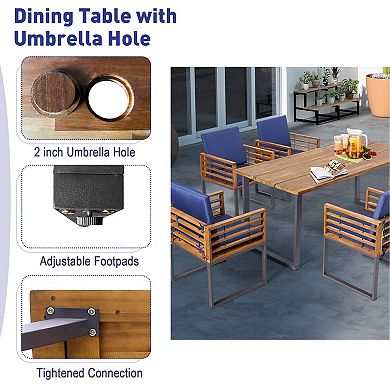 Gymax 7PCS Acacia Wood Patio Dining Set Cushioned Dining Chair & Table Set w/ Umbrella Hole