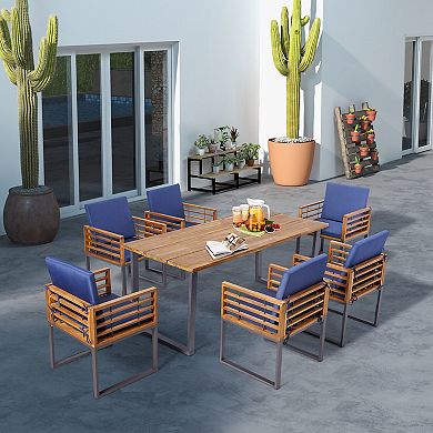 Gymax 7PCS Acacia Wood Patio Dining Set Cushioned Dining Chair & Table Set w/ Umbrella Hole