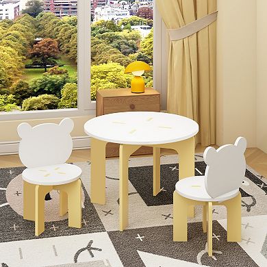 KWPZQEB Desk and Chair Set, Wooden Desk with 2 Bear-Back Chairs, Activity Table Set for Playroom
