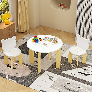 KWPZQEB Desk and Chair Set, Wooden Desk with 2 Bear-Back Chairs, Activity Table Set for Playroom