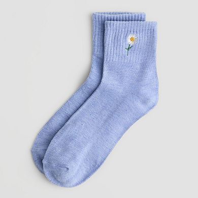 Women's Daisy Embroidery Ribbed Ankle Socks