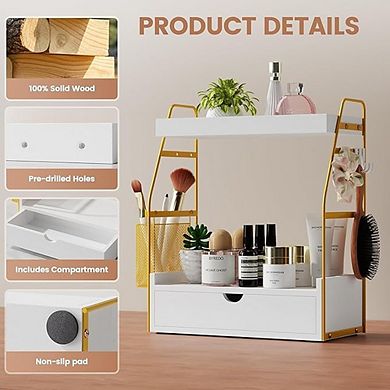 Countertop Organizer with Drawer and Basket, Wooden Vanity Storage