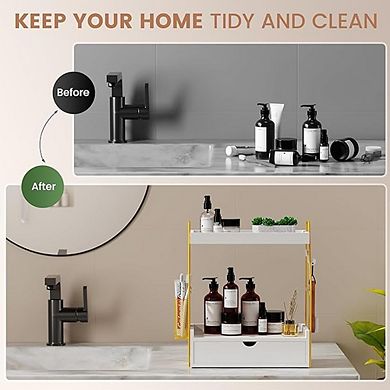 Countertop Organizer with Drawer and Basket, Wooden Vanity Storage