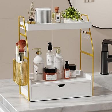Countertop Organizer with Drawer and Basket, Wooden Vanity Storage