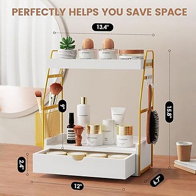 Countertop Organizer with Drawer and Basket, Wooden Vanity Storage