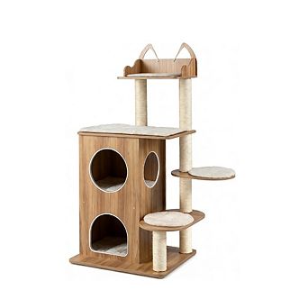 Gymax Wooden Cat Tree Cat Tower for Indoor Cats w/ 2-floor Condo Cute Top Perch