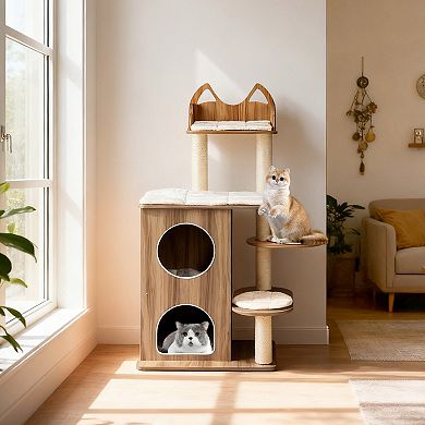 Gymax Wooden Cat Tree Cat Tower for Indoor Cats w/ 2-floor Condo Cute Top Perch