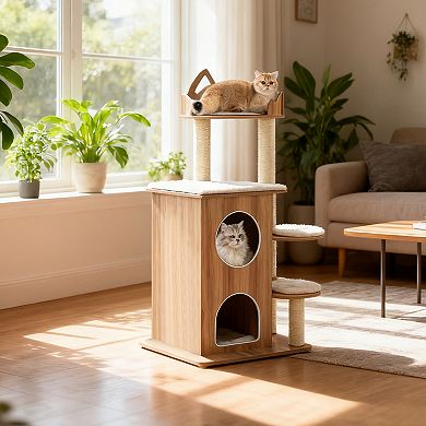 Gymax Wooden Cat Tree Cat Tower for Indoor Cats w/ 2-floor Condo Cute Top Perch