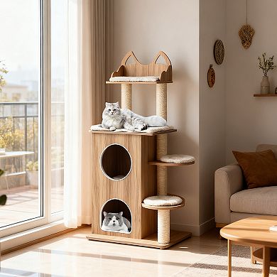 Gymax Wooden Cat Tree Cat Tower for Indoor Cats w/ 2-floor Condo Cute Top Perch