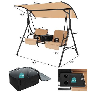 Gymax 2-Person Canopy Porch Swing Padded Chair Cooler Bag Rotatable Tray