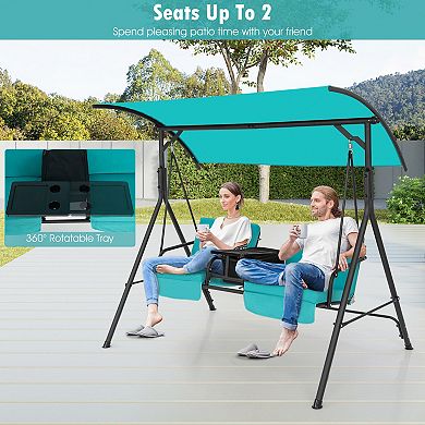 Gymax 2-Person Canopy Porch Swing Padded Chair Cooler Bag Rotatable Tray