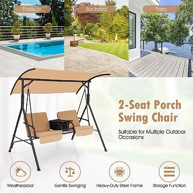 Gymax 2-Person Canopy Porch Swing Padded Chair Cooler Bag Rotatable Tray