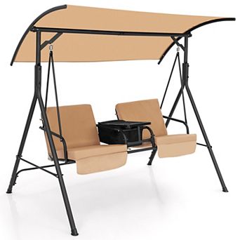 Gymax 2-Person Canopy Porch Swing Padded Chair Cooler Bag Rotatable Tray