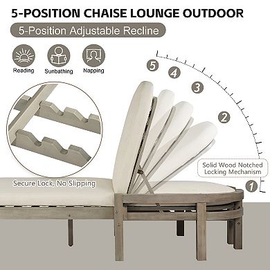 Outdoor Wood Chaise Lounge with 5-Position Adjustable Backrest and Arched Backrest for Patio