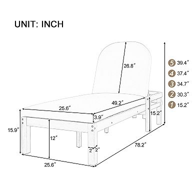 Outdoor Wood Chaise Lounge with 5-Position Adjustable Backrest and Arched Backrest for Patio