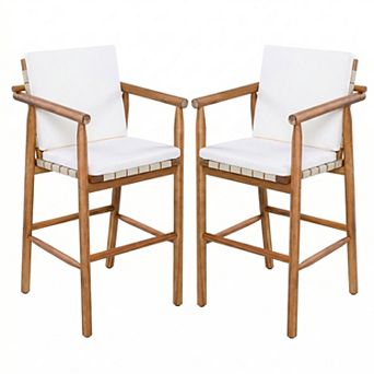 Outdoor Counter Height Bar Stools Chair with Backrest Arm and Webbing Seat (Set of 2)