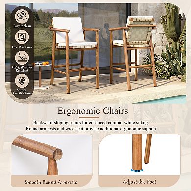 Outdoor Counter Height Bar Stools Chair with Backrest Arm and Webbing Seat (Set of 2)