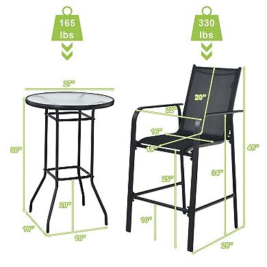 Gymax 3PCS Patio Bar Set Outdoor Bistro Set w/ 2 Stools & 1 Tempered Glass Table