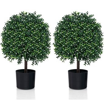 Gymax 2 pc Artificial Boxwood Topiary Ball Tree w/UV Rated Leaves 343 White Fruits for Home