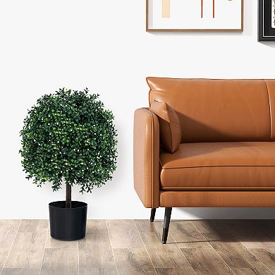 Gymax 2 PCS Artificial Boxwood Topiary Ball Tree w/UV Rated Leaves 343 White Fruits for Home