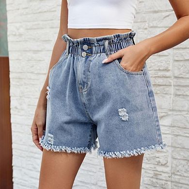 Womens Ripped Shorts Washed Elastic Waist Curvy Cutoff Distressed Jeans Waisted Edging Jean