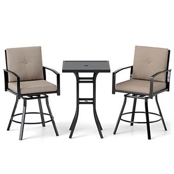 Gymax Set of 3 Swivel Bar Set Table & Chairs Set w/ Soft Cushions & Umbrella Hole