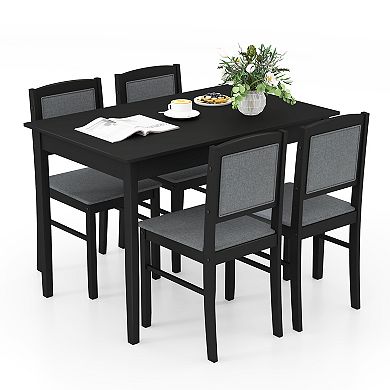 Gymax 5 PCS Dining Table Set for 4 w/Rubber Wood Legs Upholstered Seat Padded Backrest Gray